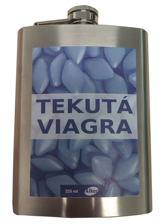 Kovová butylka na alkohol s nápisem "Tekutá viagra" DIVJA
