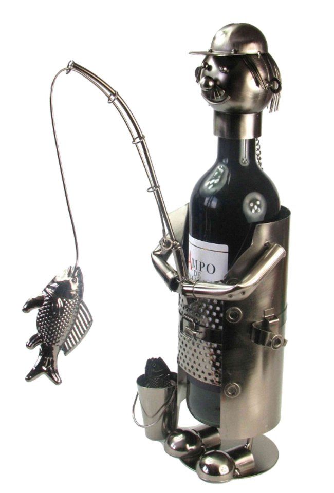 Kovový stojan na láhev vína ve tvaru rybáře s rybkou na udici DIVJA